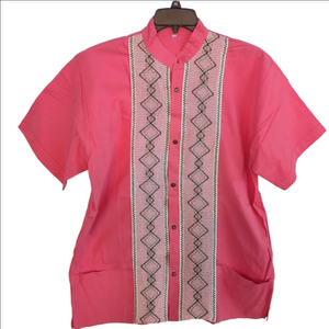 Men Handcrafted Mexico Guayabera‎ Shirt Pink Short Sleeve White Embroidery, XL